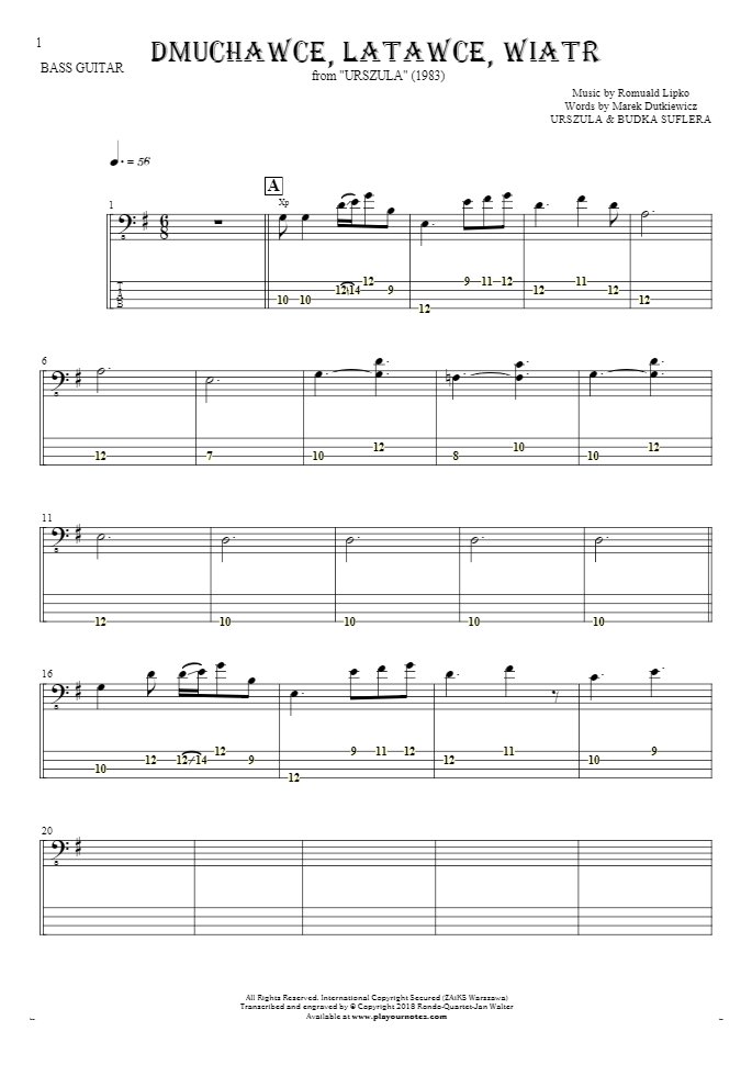 Slowly Walking - Notes and tablature for bass guitar
