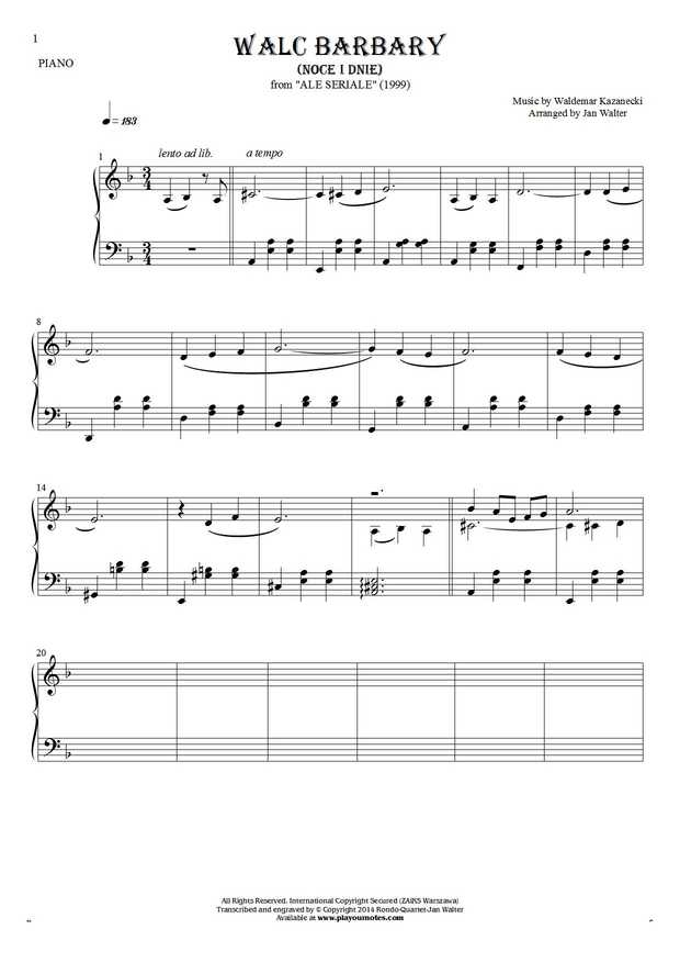 Walc Barbary (Noce i Dnie) - Notes for piano solo