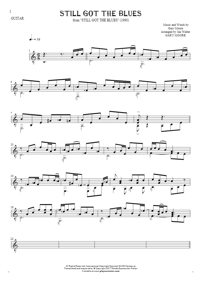 Still Got The Blues - Notes for guitar solo (fingerstyle)