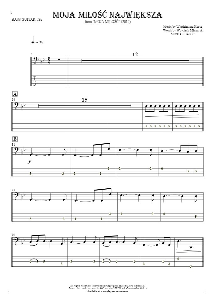 Moja miłość największa - Notes and tablature for bass guitar (5-str.)
