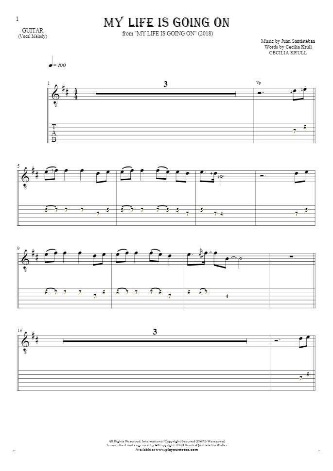 My Life Is Going On - Notes and tablature for guitar - melody line
