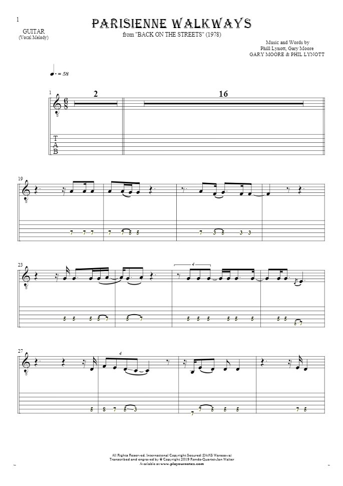 Parisienne Walkways - Notes and tablature for guitar - melody line