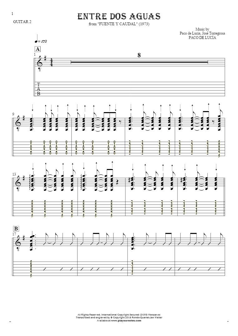 Entre dos aguas - Notes and tablature for guitar - guitar 2 part