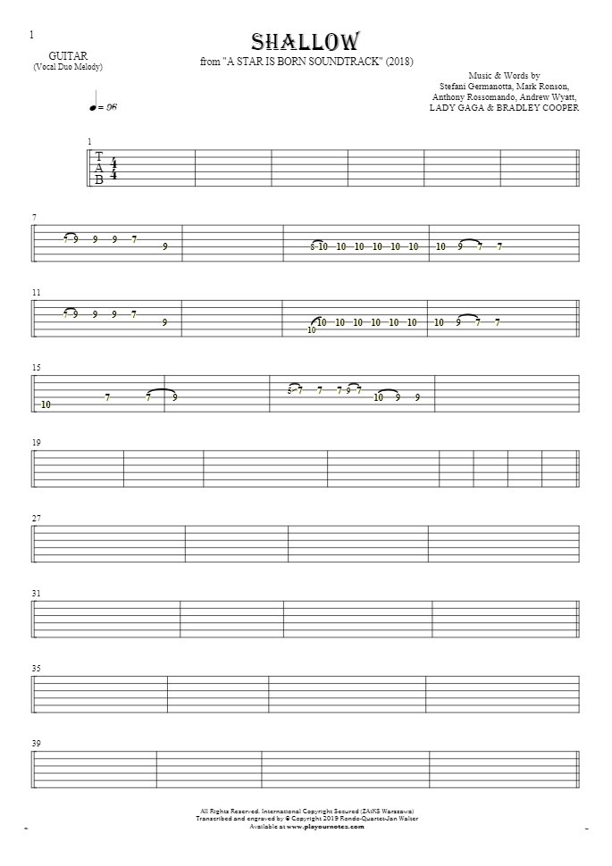 Shallow - Tablature for guitar - melody line