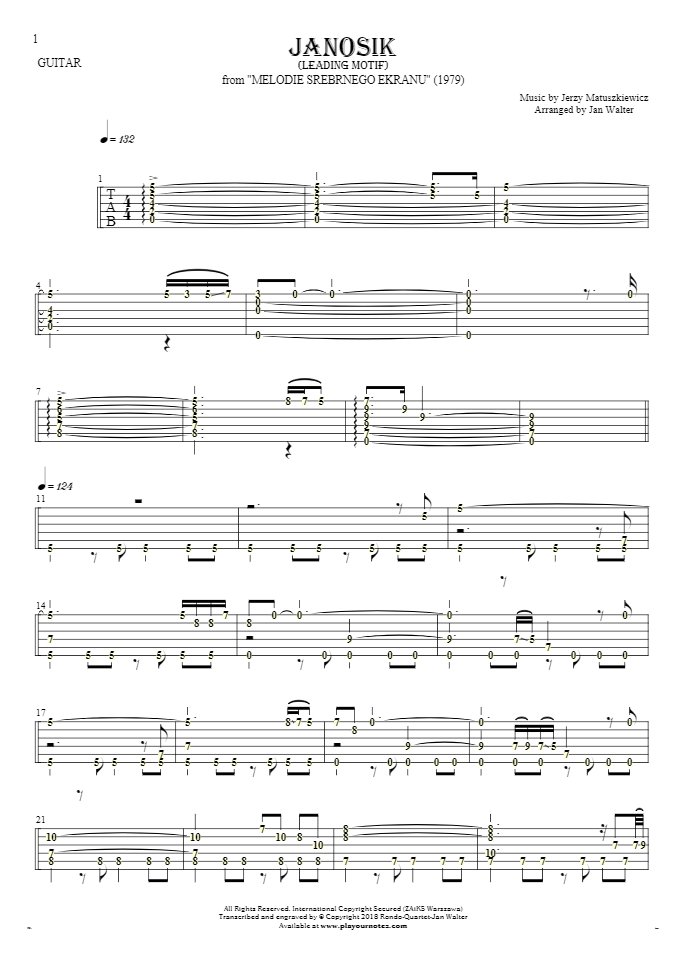 Janosik - Führende Motiv - Tabulatur (Rhythm. Werte) für Gitarre solo (Fingerstyle)