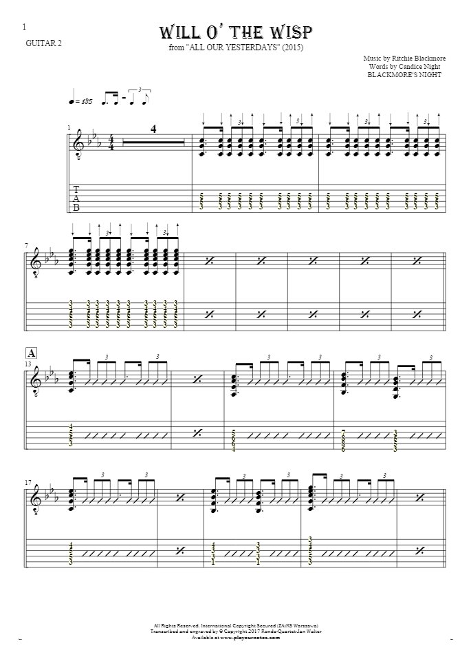 Will O' The Wisp - Notes and tablature for guitar - guitar 2 part