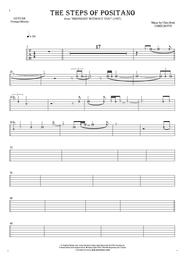 The Steps of Positano - Tablature (rhythm. values) for guitar