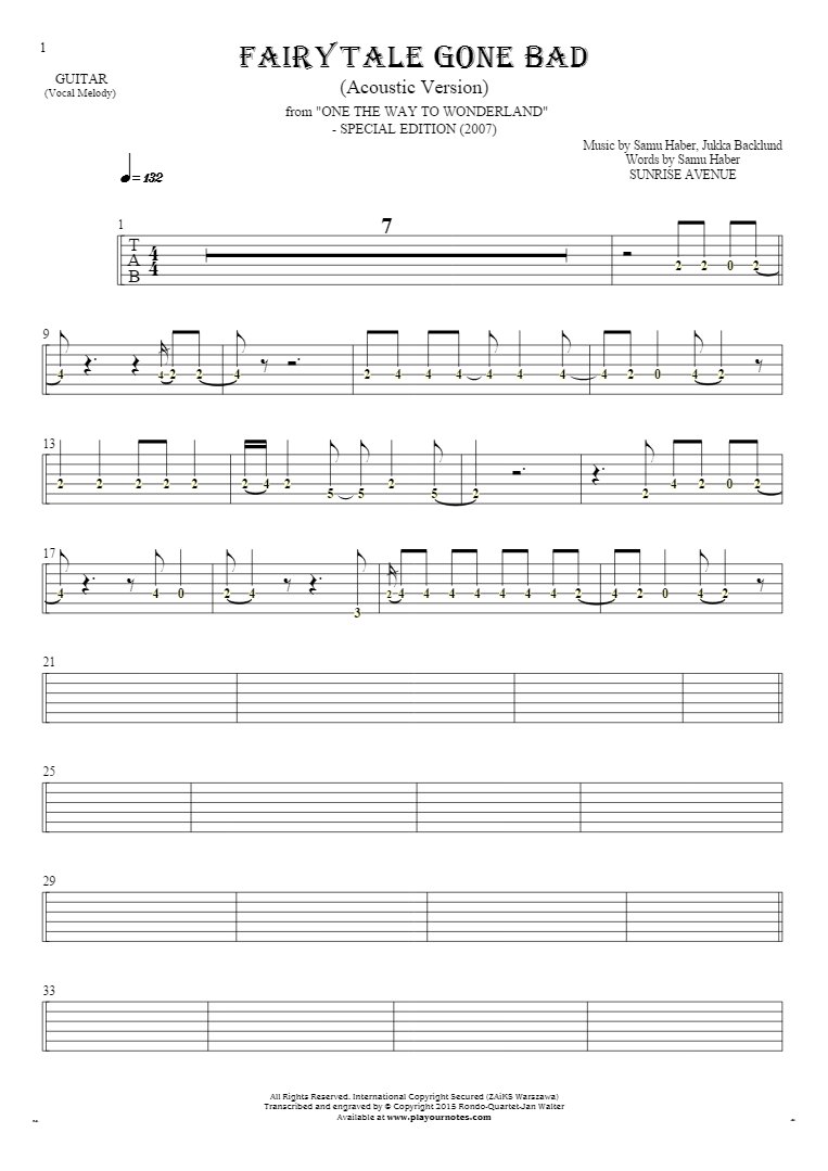 Fairytale Gone Bad (Acoustic Version) - Tablature (rhythm values) for guitar - melody line