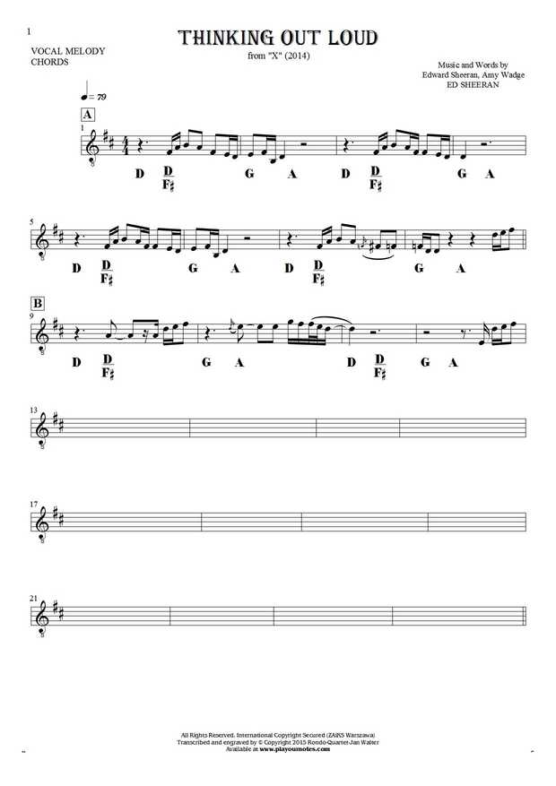Thinking Out Loud - Notes and chords for solo voice with accompaniment