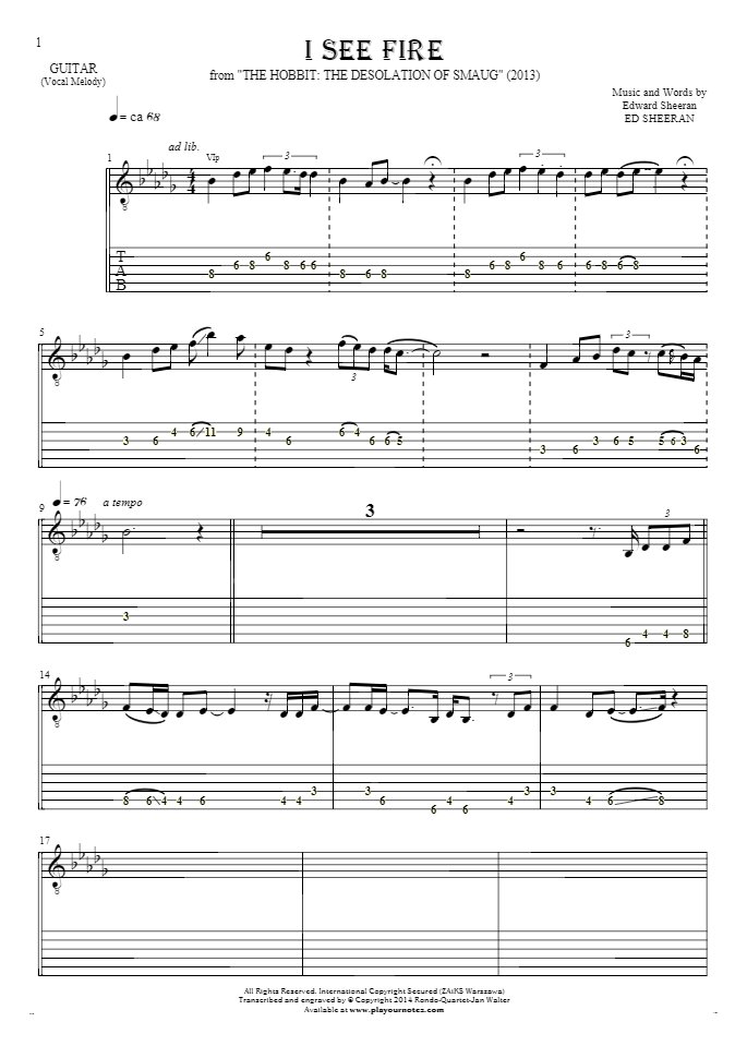 I See Fire - Notes and tablature for guitar - melody line