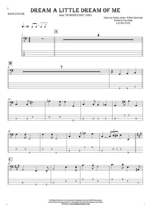 Dream a Little Dream of Me - Notes and tablature for bass guitar