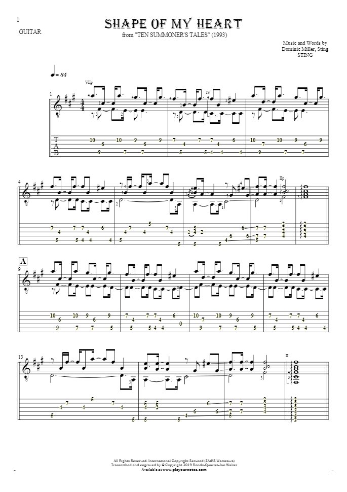 Shape Of My Heart - Notes and tablature for guitar
