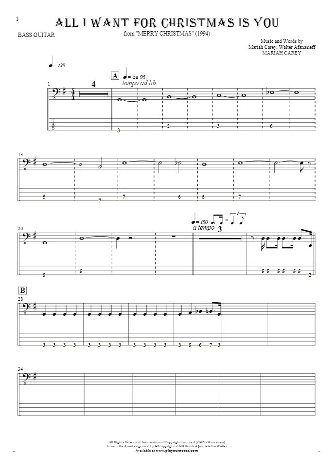 All I Want For Christmas Is You - Notes and tablature for bass guitar
