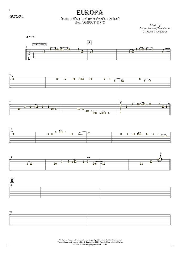 Europa (Earth's Cry Heaven's Smile) - Tablature for guitar - guitar 1 part