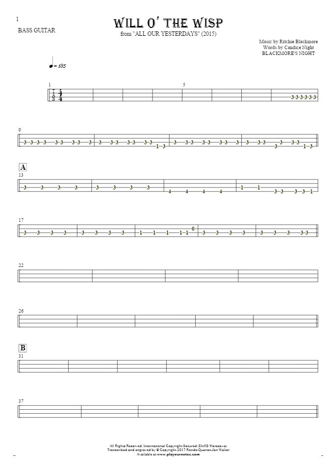 Will O' The Wisp - Tablature for bass guitar