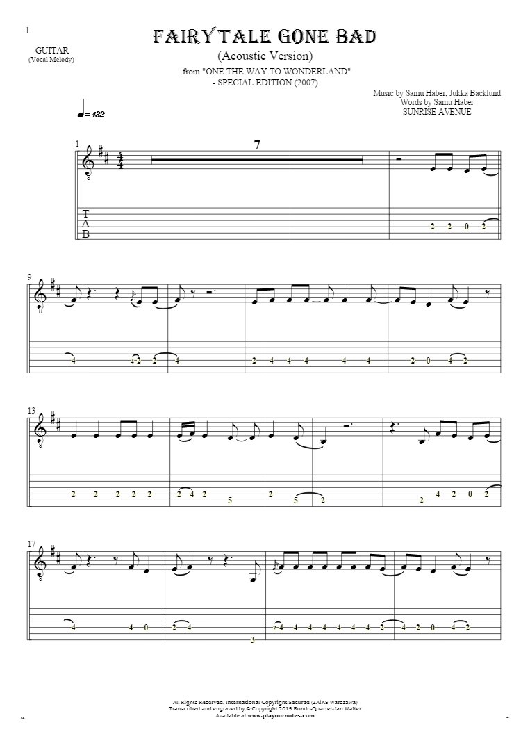 Fairytale Gone Bad (Acoustic Version) - Notes and tablature for guitar - melody line