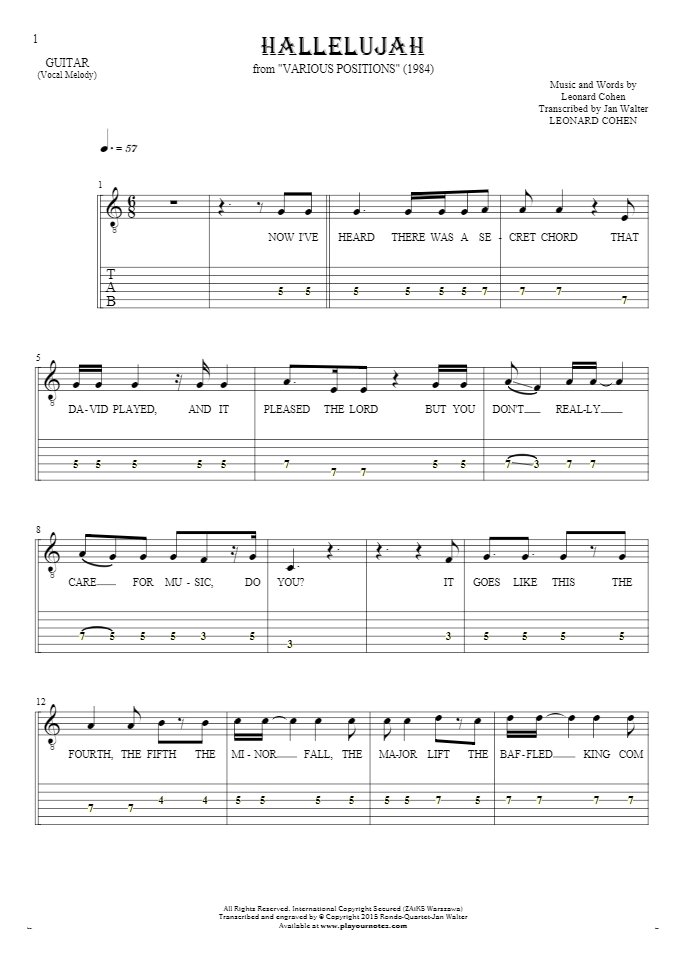Hallelujah - Notes, tablature and lyrics for guitar - melody line