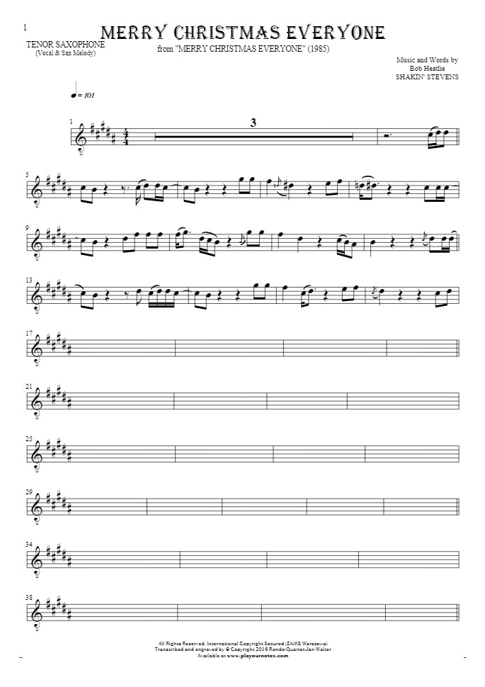 Merry Christmas Everyone Notes For Tenor Saxophone Melody Line Playyournotes