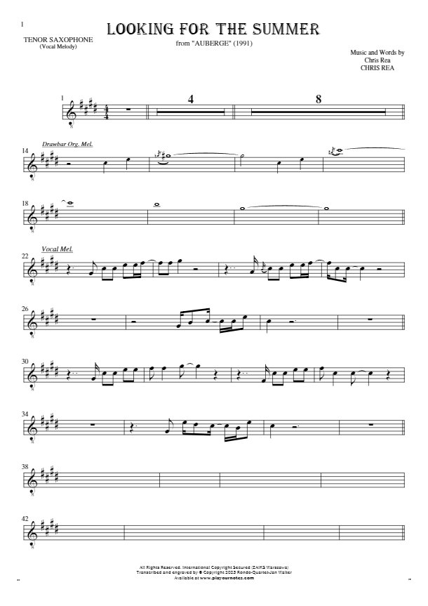 Looking For The Summer - Noten für Tenor Saxophon - Melodielinie