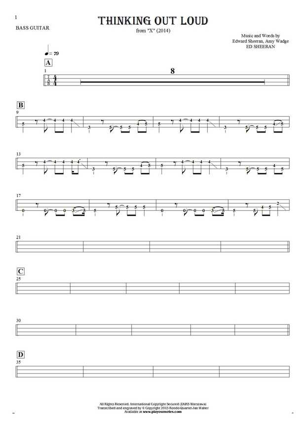 Thinking Out Loud - Tablature (rhythm values) for bass guitar