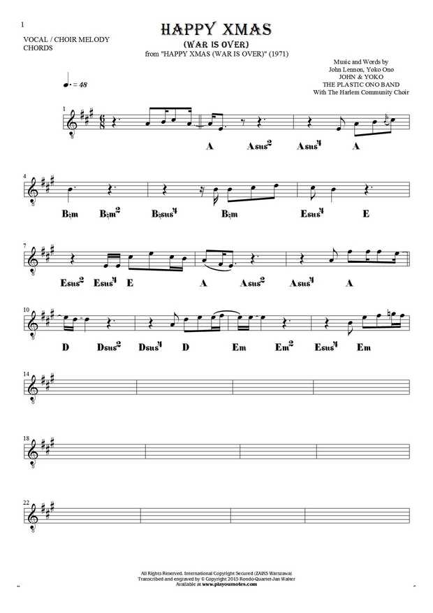 Happy Xmas (War Is Over) - Notes and chords for solo voice with accompaniment