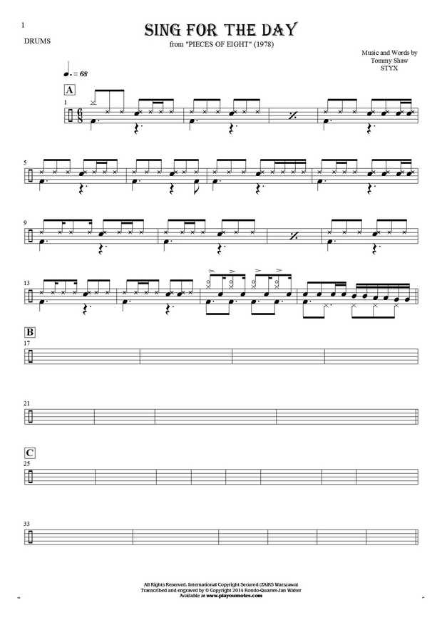 Sing for the Day - Notes for drum kit