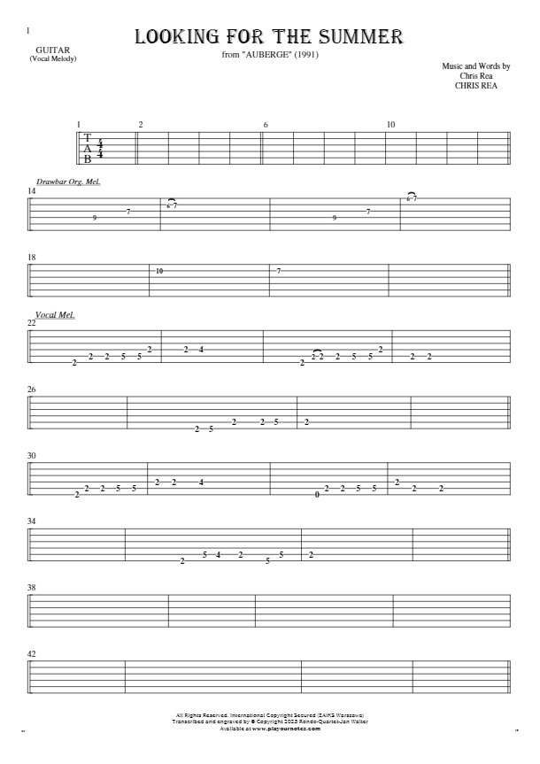 Looking For The Summer - Tablature for guitar - melody line