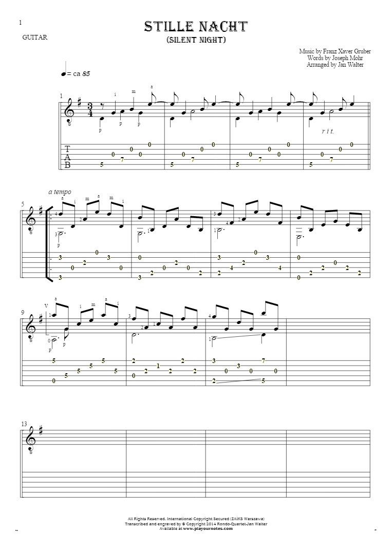 Silent Night - Notes and tablature for guitar solo (fingerstyle)