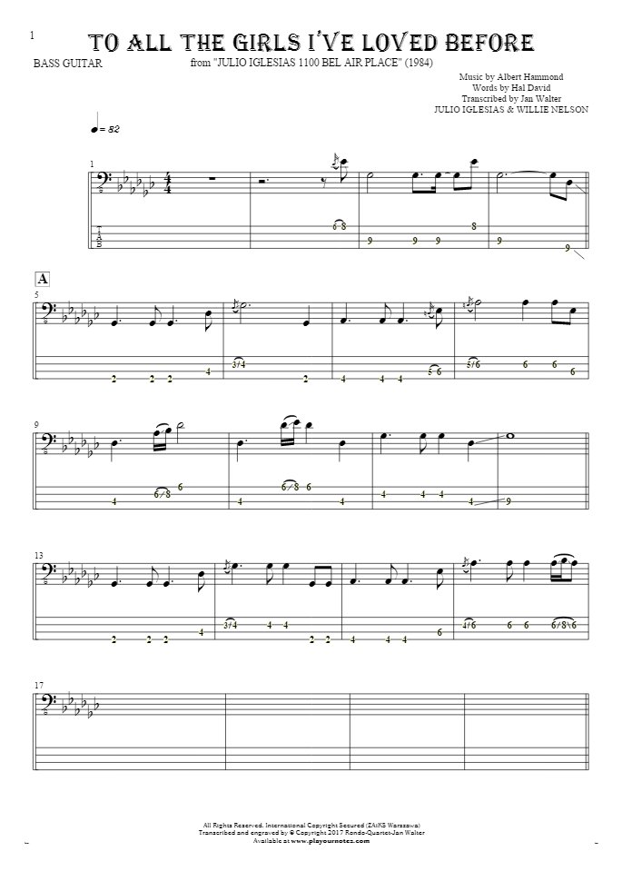 To All The Girls I’ve Loved Before - Notes and tablature for bass guitar