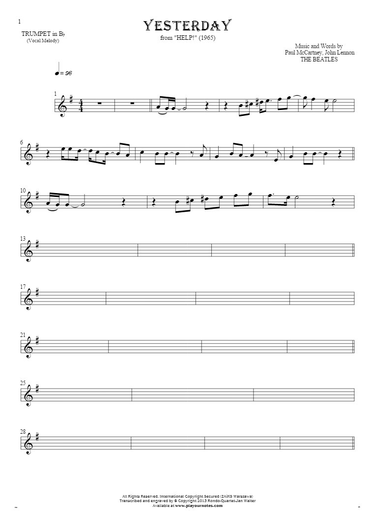 Yesterday - Notes for trumpet - melody line