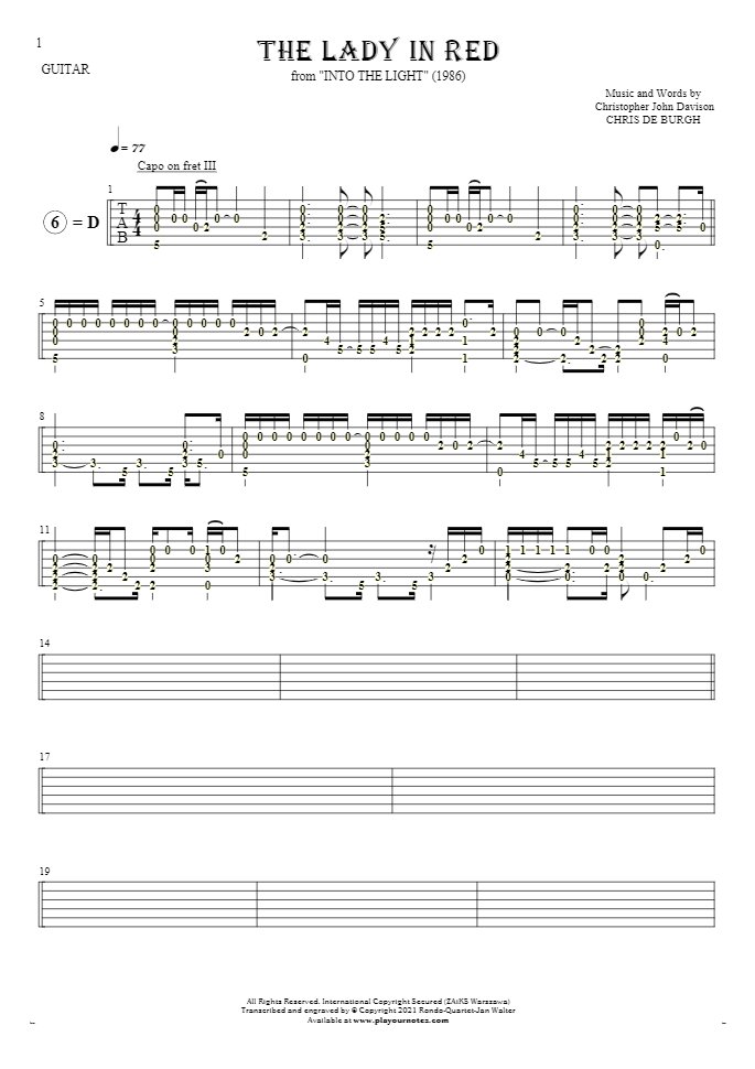 The Lady in Red - Tablature (rhythm. values) for guitar solo (fingerstyle)