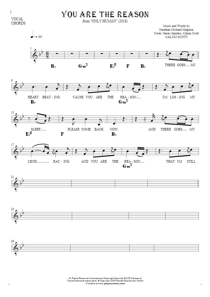 You Are The Reason - Notes, lyrics and chords for vocal with accompaniment