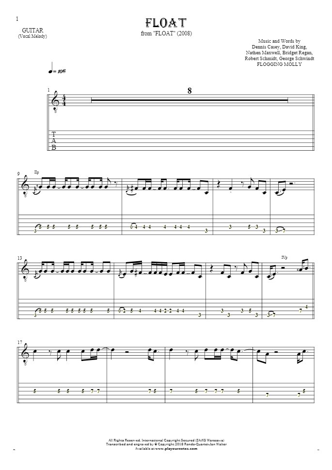 Float - Notes and tablature for guitar - melody line
