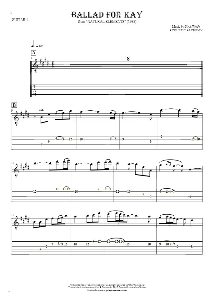 Ballad For Kay - Notes and tablature for guitar - guitar 1 part