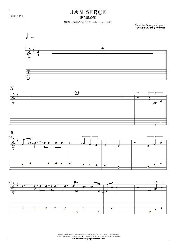 Jan Serce - Prolog - Notes and tablature for guitar - guitar 1 part