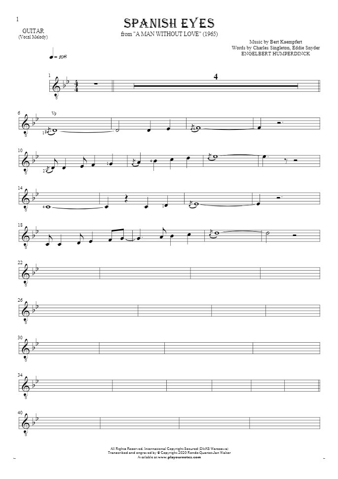 Spanish Eyes - Notes for guitar - melody line