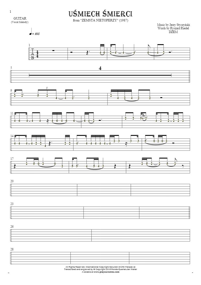 Smile of Death - Tablature (rhythm values) for guitar - melody line