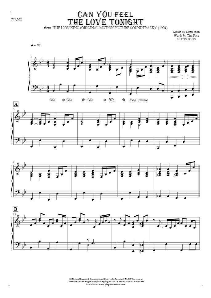 Can You Feel the Love Tonight - Notes for piano
