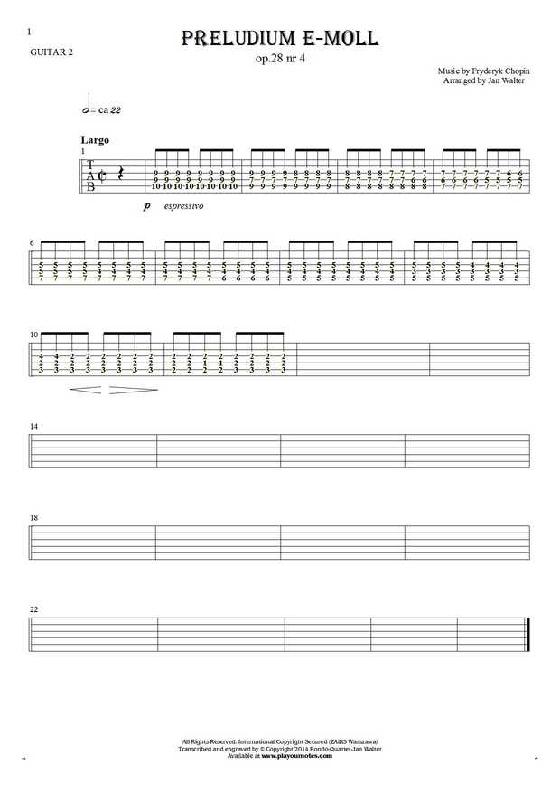 Präludium e-moll op. 28 nr 4 - Tabulatur (Rhythm Werte) für Gitarre - Gitarrestimme 2