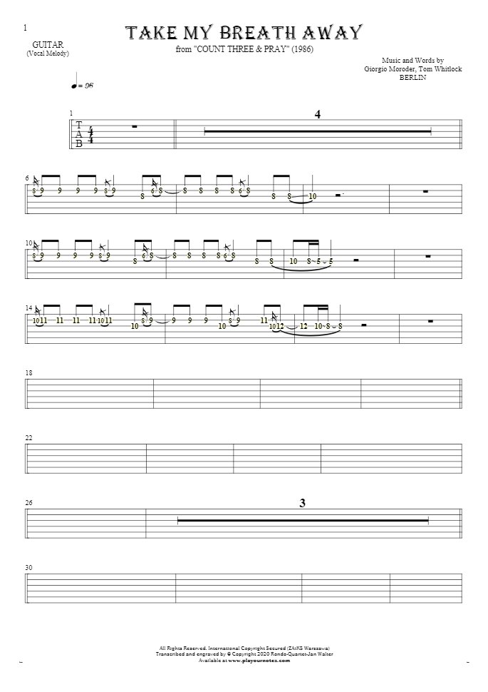 Take My Breath Away - Tablature (rhythm. values) for guitar - melody line
