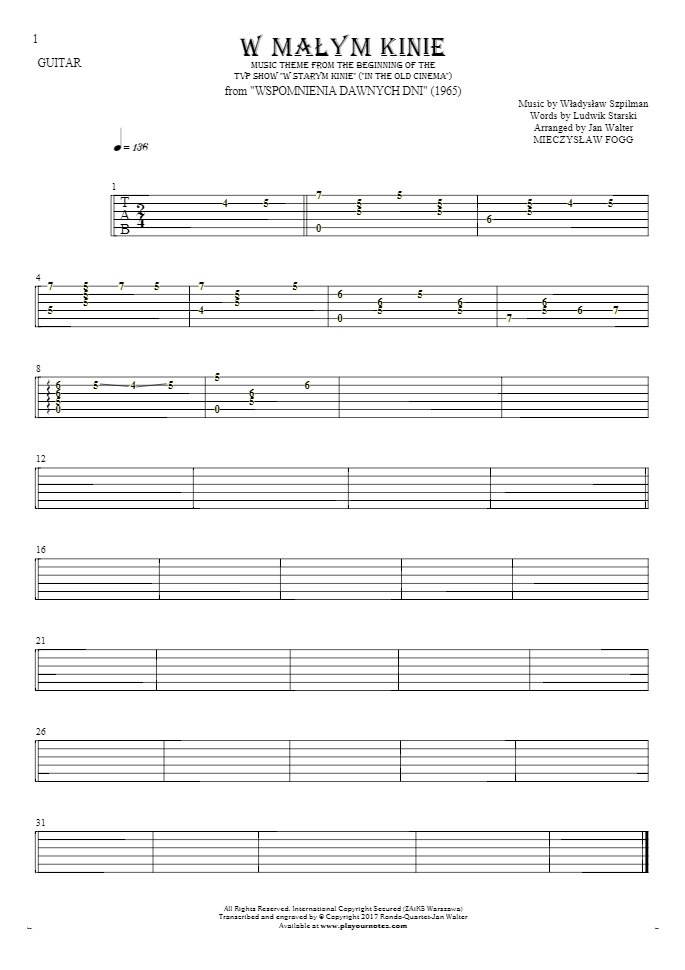 In the small cinema - Tablature for guitar solo (fingerstyle)