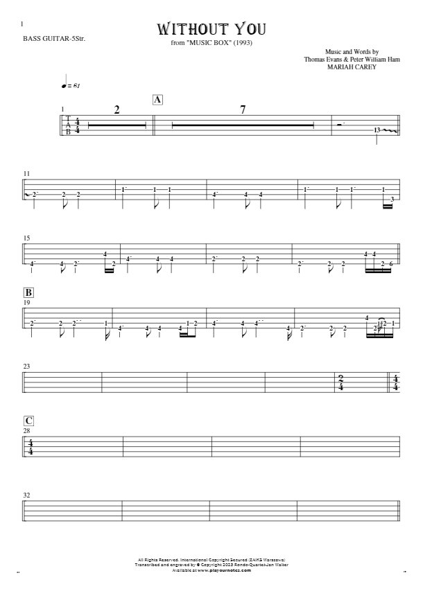 Without You - Tablature (rhythm. values) for bass guitar (5-str.)