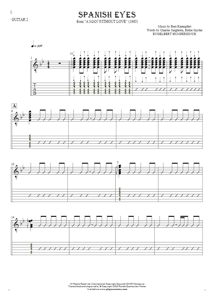 Spanish Eyes - Notes and tablature for guitar - guitar 2 part