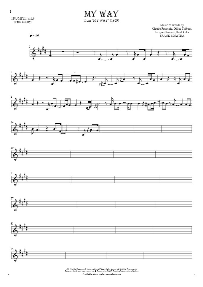 My Way - Notes for trumpet - melody line