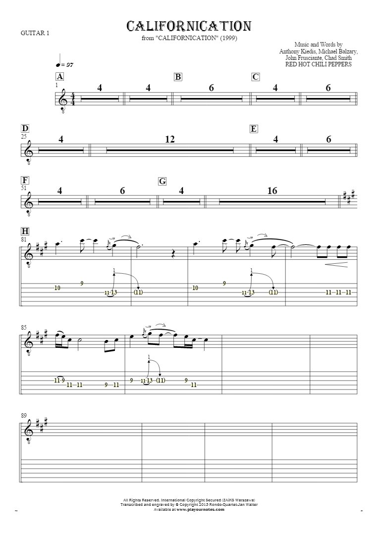 Californication - Notes and tablature for guitar - guitar 1 part