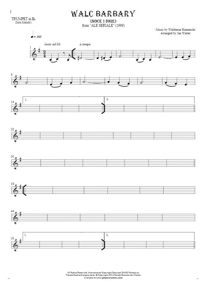 Walc Barbary (Noce i Dnie) - Notes for trumpet - melody line