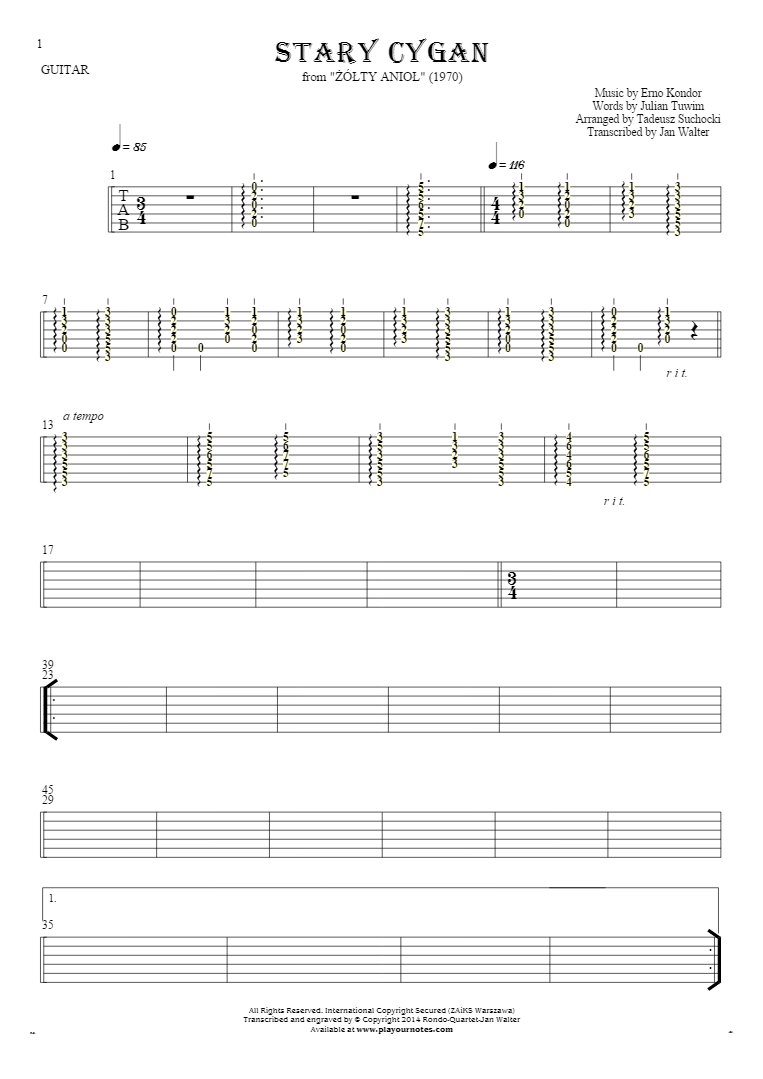 The old Gipsy - Tablature (rhythm values) for guitar