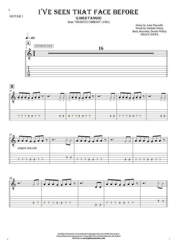 I've Seen That Face Before - Libertango - Notes and tablature for guitar - guitar 1 part
