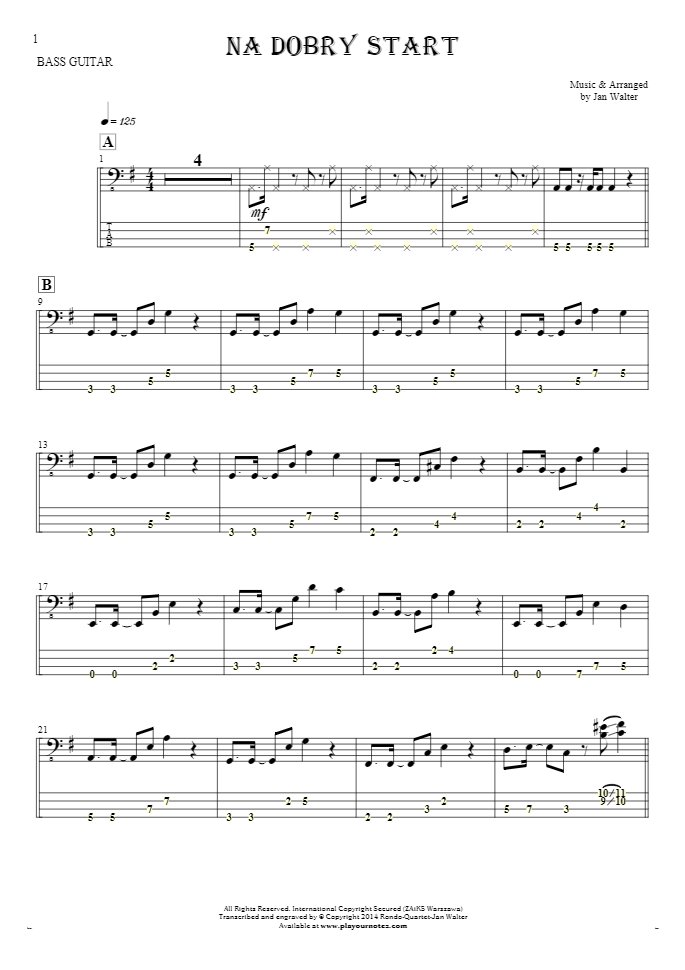 For a good start - Notes and tablature for bass guitar