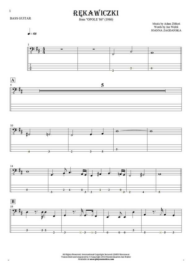 Rękawiczki - Notes and tablature for bass guitar